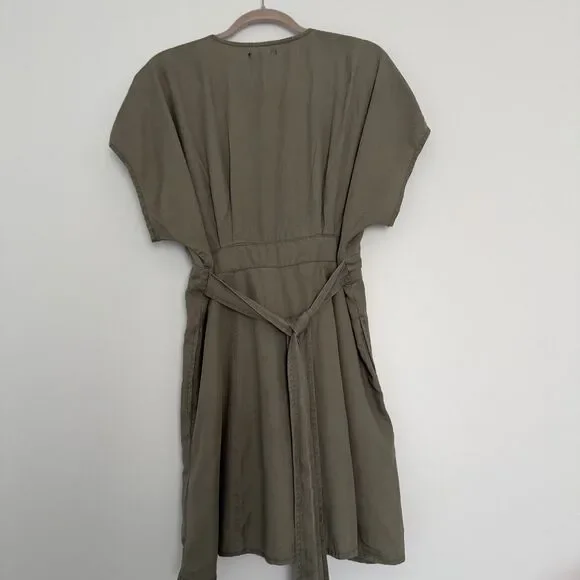 Quince Olive Green Tencel Button Front Dress Tie Waist V-Neck Short Sleeve M - Picture 7 of 7